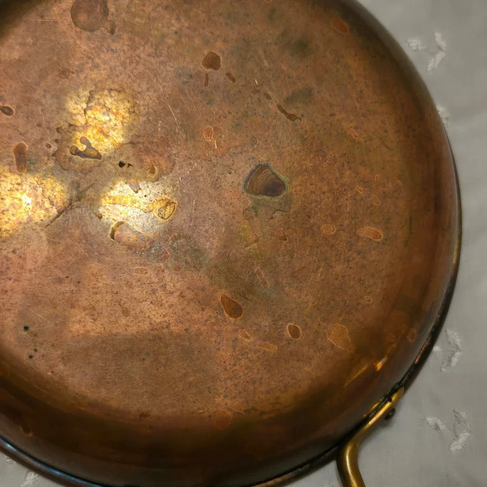 Vintage 8 Inch Round Copper Au Gratin Pan Dual Brass Handles Tinned Interior
